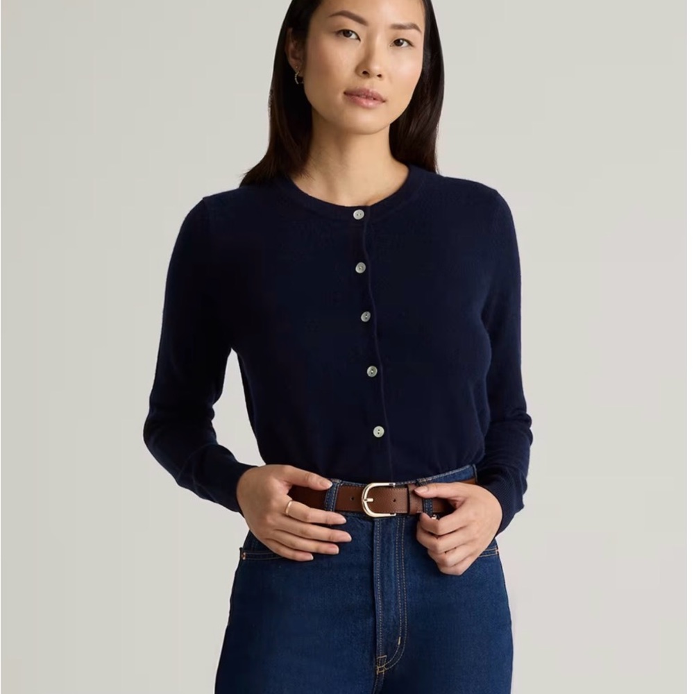 Quince Navy Button-Front Crewneck Cardigan